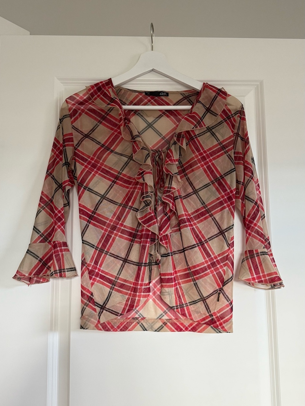 Ruffled Plaid Tie-Front Women's Top in Beige and Red